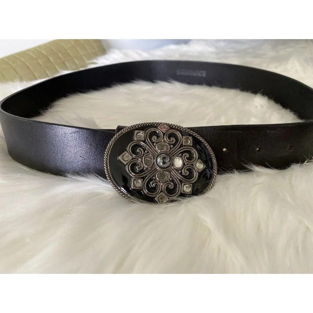 Vintage Express Wide Black Leather Belt Large Buckle Enamel Rhinestones‎ Medium